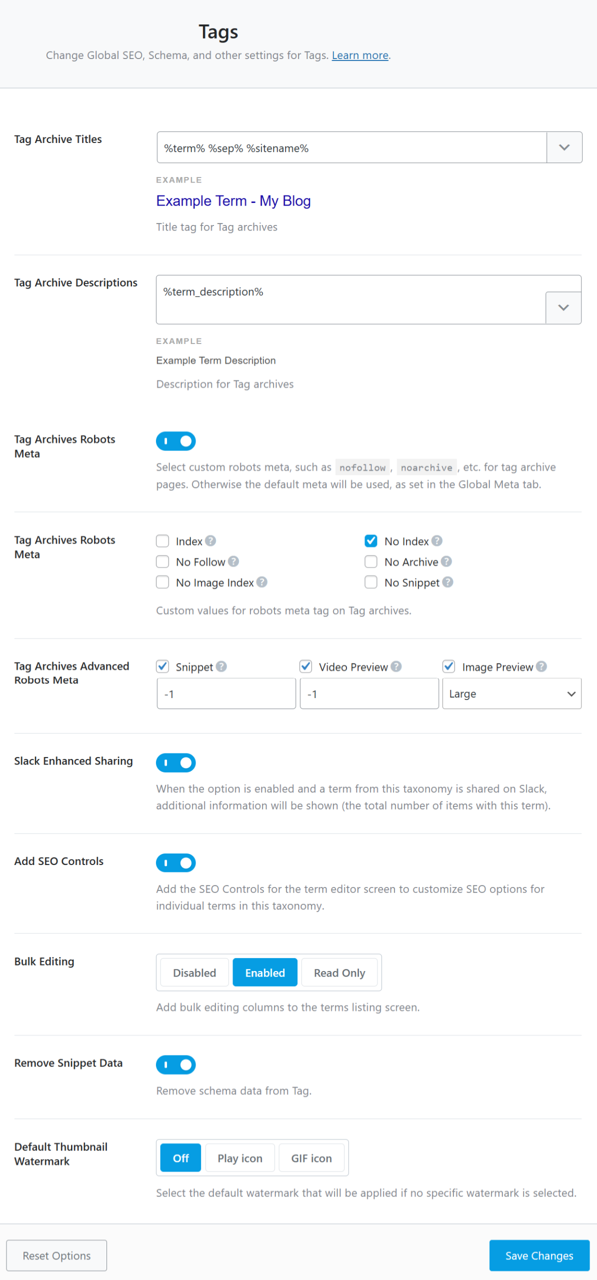 All settings in the Tags tab