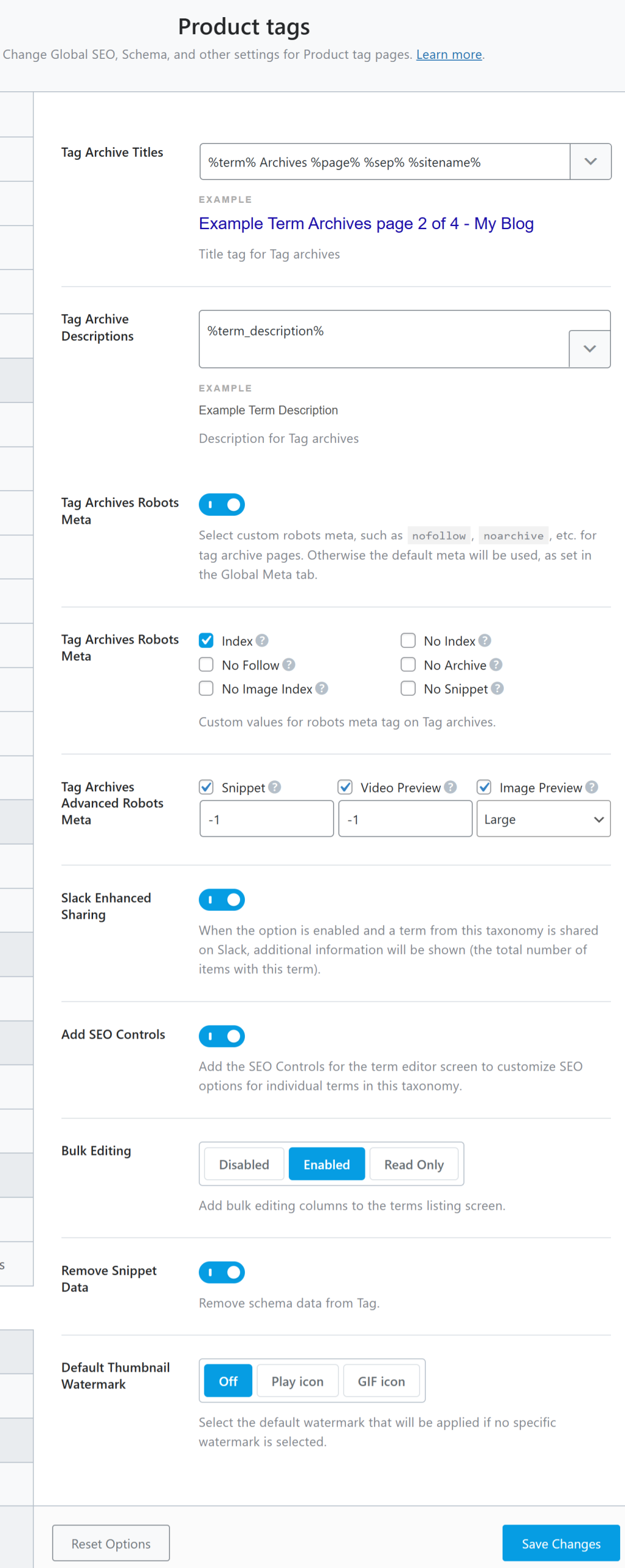 All settings in the product tags