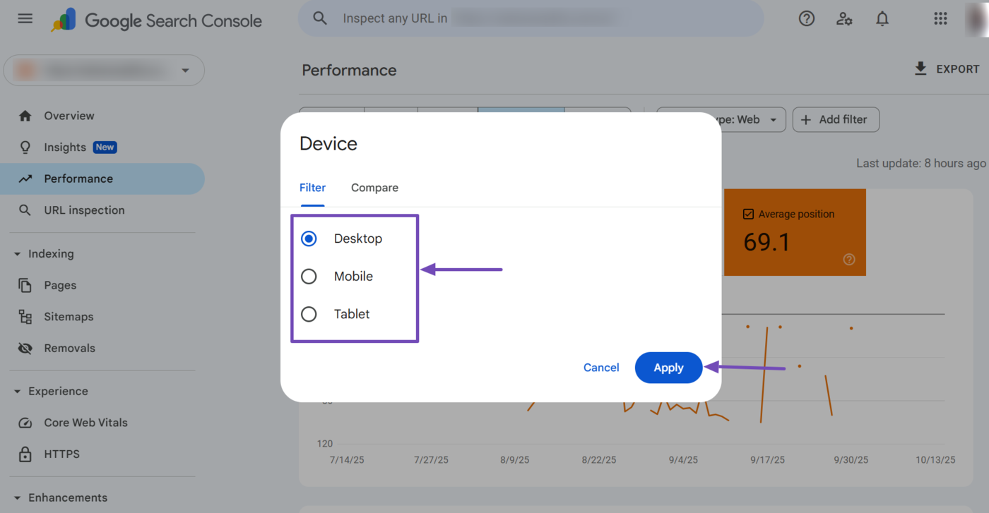 Available options in the device filter in Google Search Console