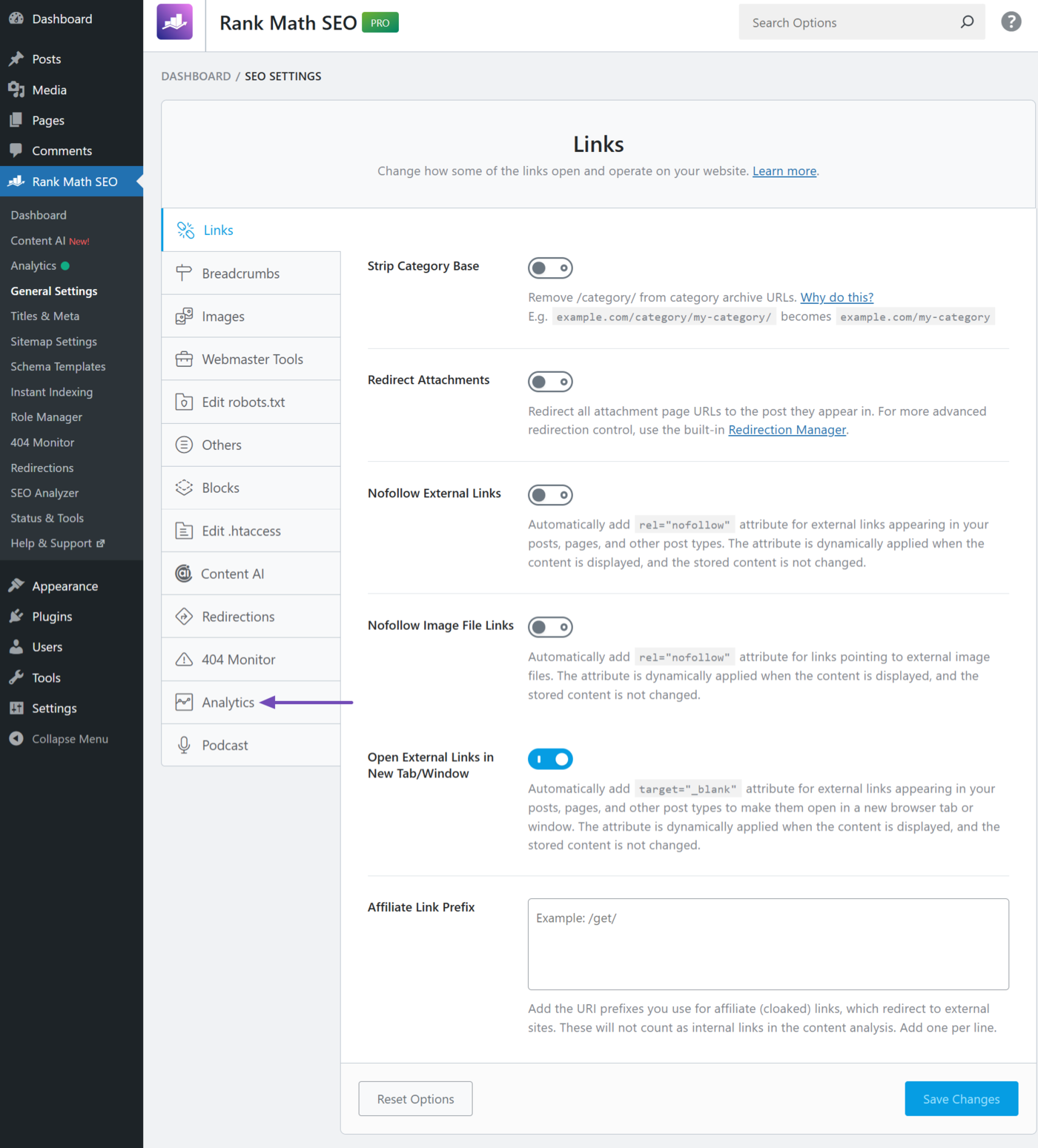 Click Analytics in General Settings