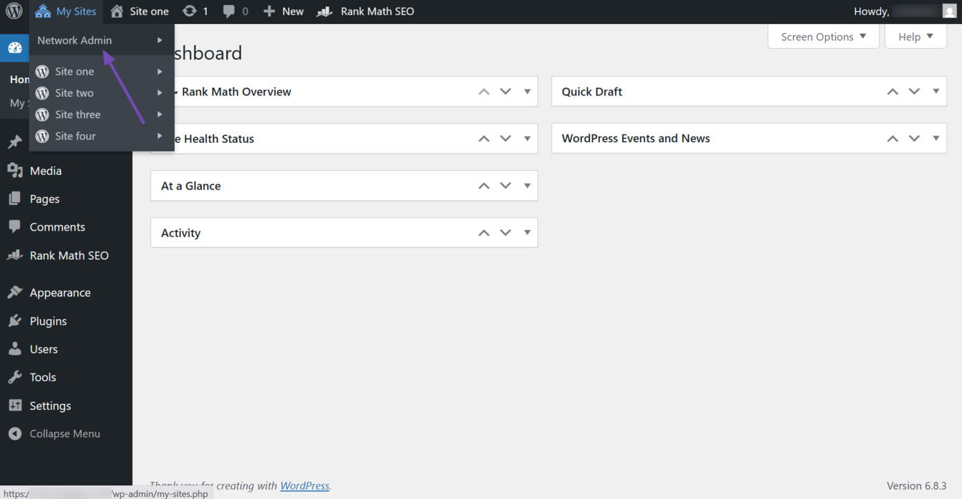 Click Network Admin in the Admin bar
