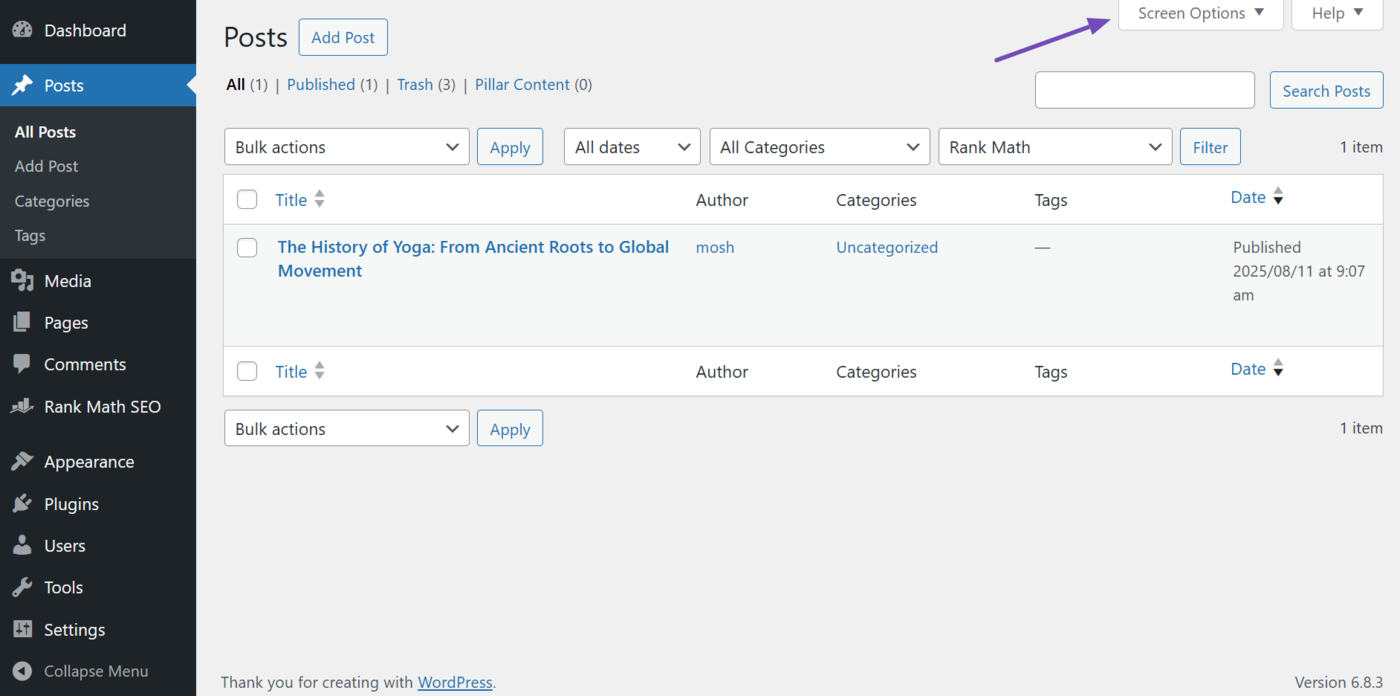 Click Screen Options at the top of the page