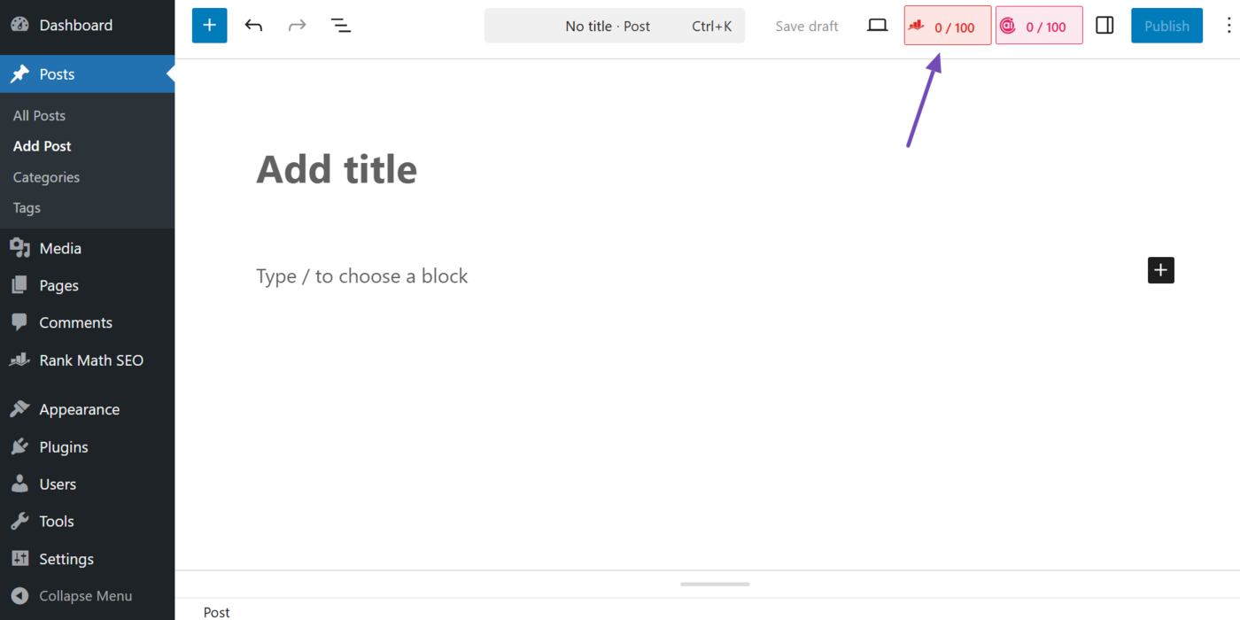 Click the Rank Math SEO icon on the post or page