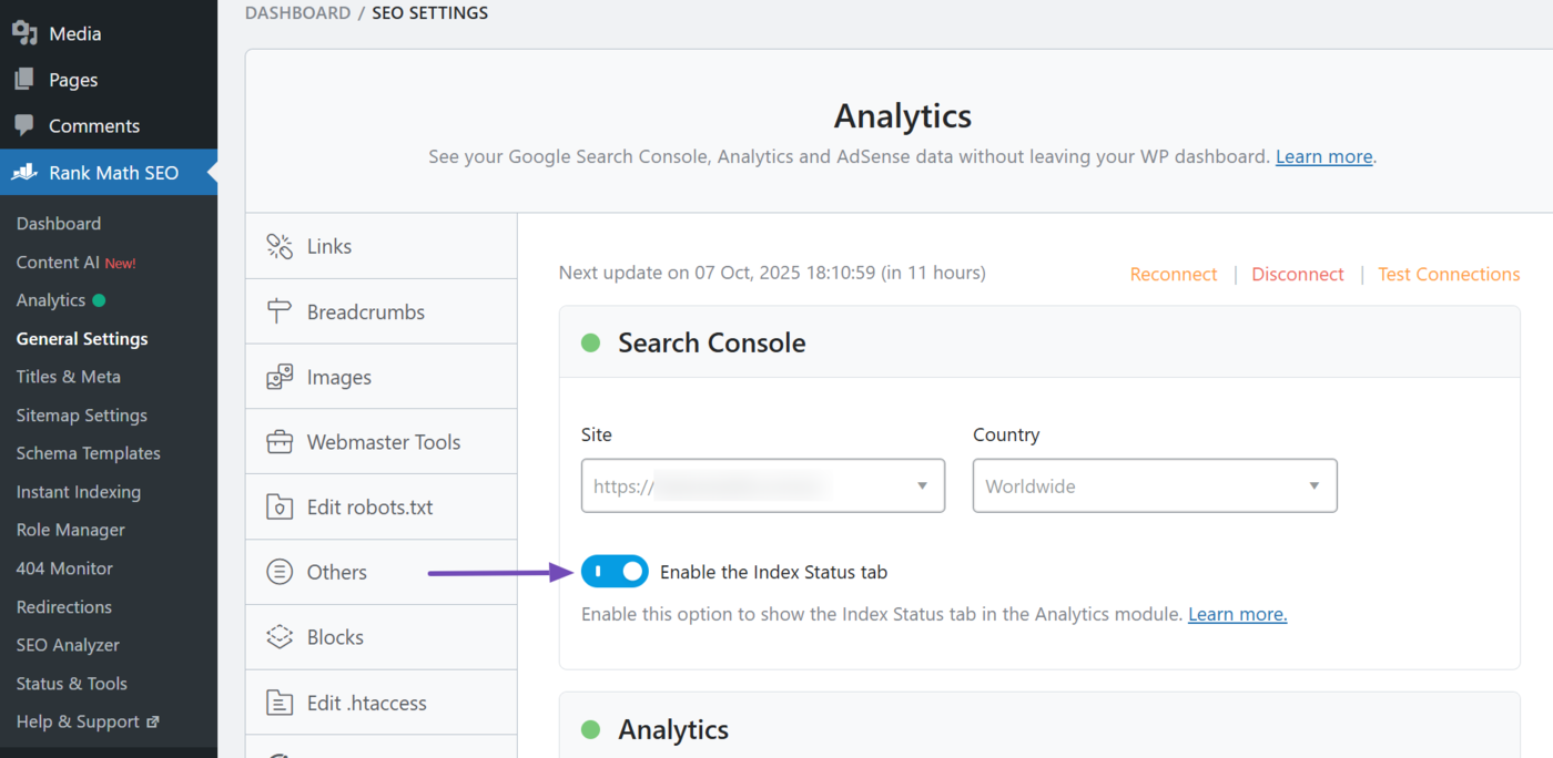 Enable the Index Status tab in Rank Math SEO Analytics