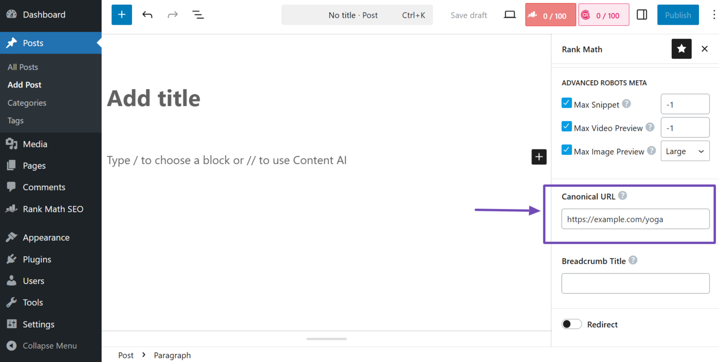 Enter the canonical URL into the Canonical URL field