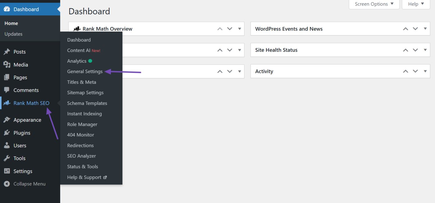 Head to General Settings in Rank Math SEO