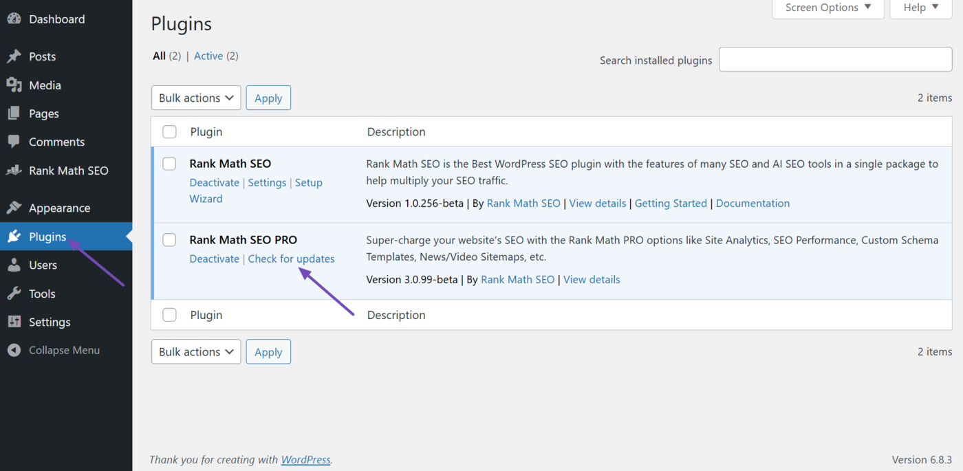 Head to Rank Math SEO and click Check for updates