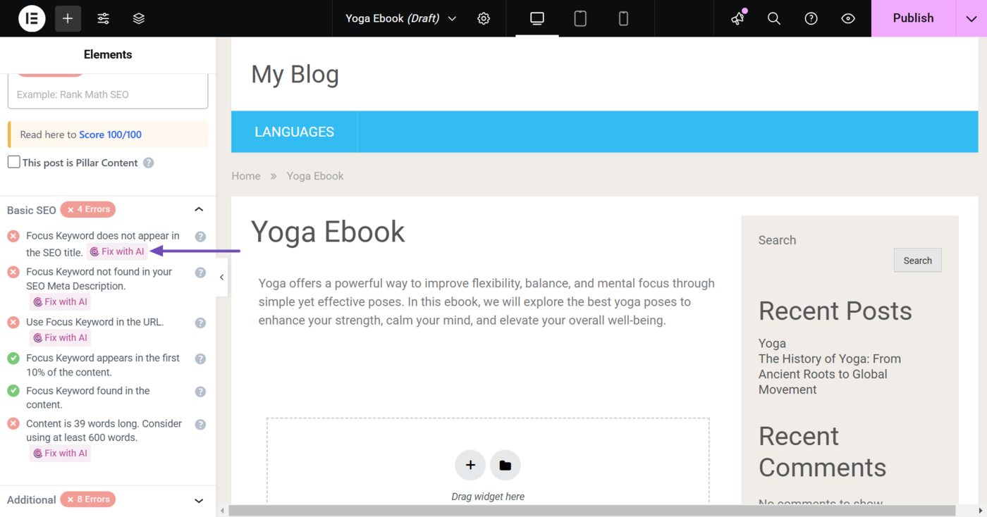 Head to the relevant SEO test and click Fix with AI