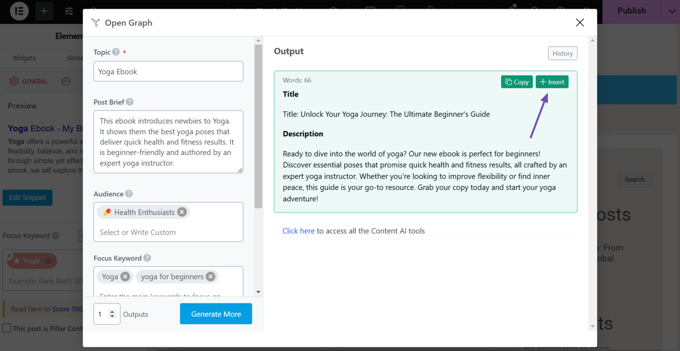 Hover over the output and click Insert