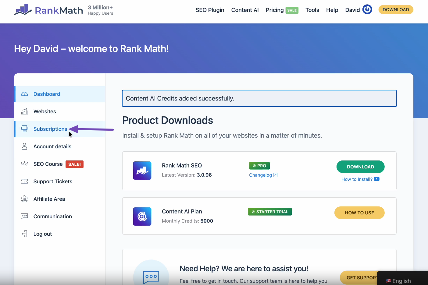 Log in to your Rank Math account and click Subscriptions
