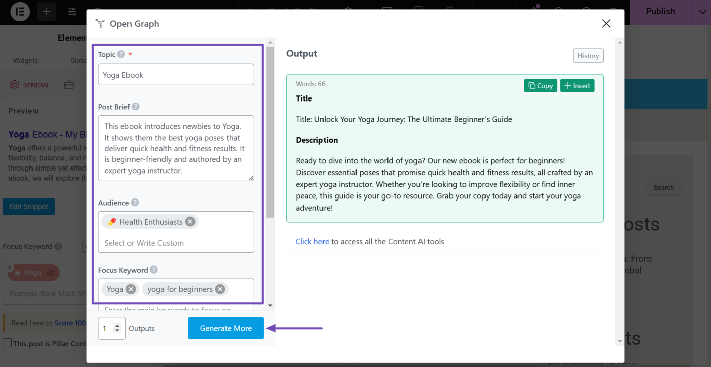 Modify the Open Graph AI tool options and click Generate More