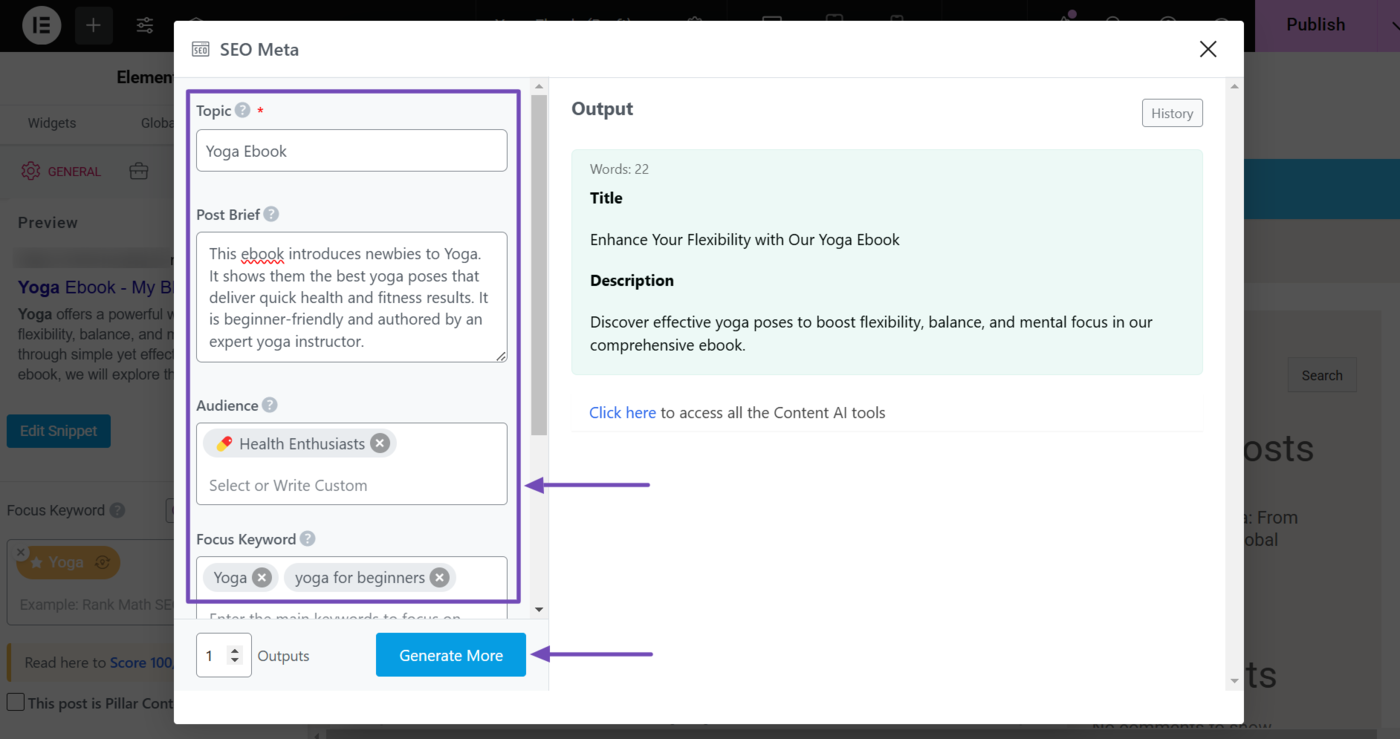 Modify the SEO meta AI tool options and click Generate More