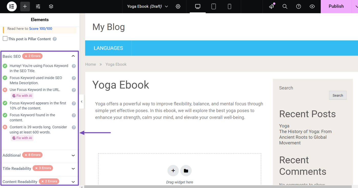 Overview of the Rank Math SEO tests in Elementor