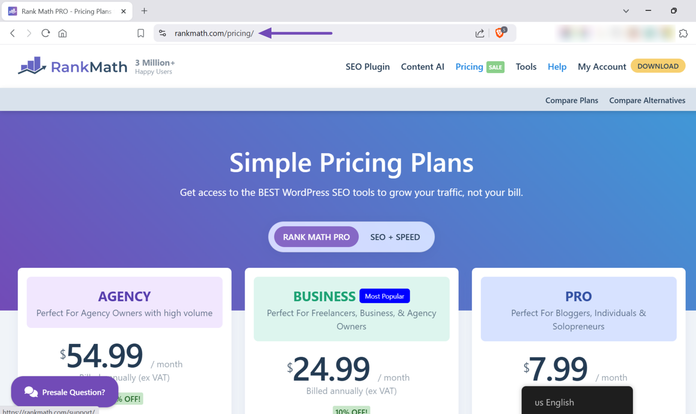 Sample of Rank Math's pricing page