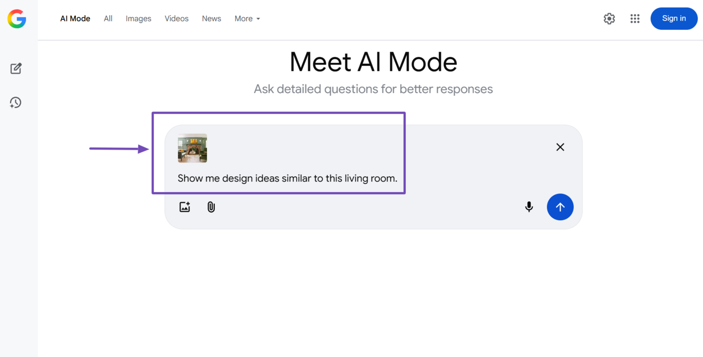 Sample of a text and image prompt entered into AI Mode