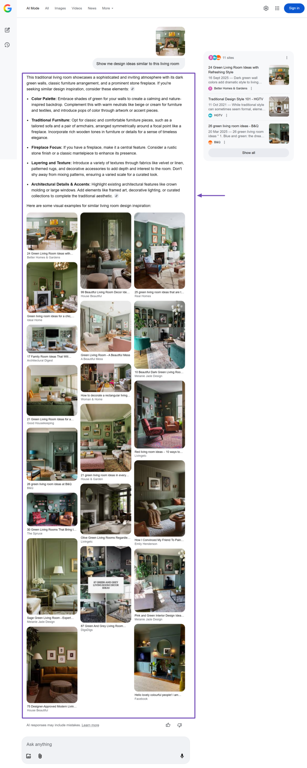 Sample of a text and image response AI Mode returns for a query