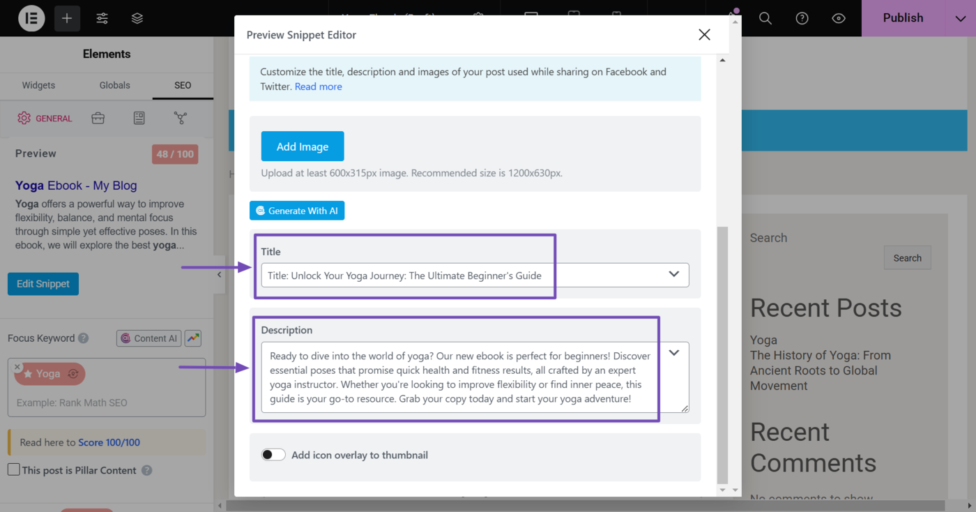 Sample of the Open Graph title and description in Rank Math