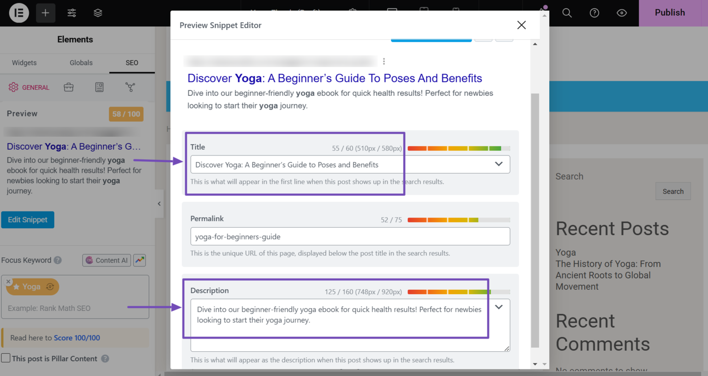 Sample of the SEO meta title and description in Rank Math
