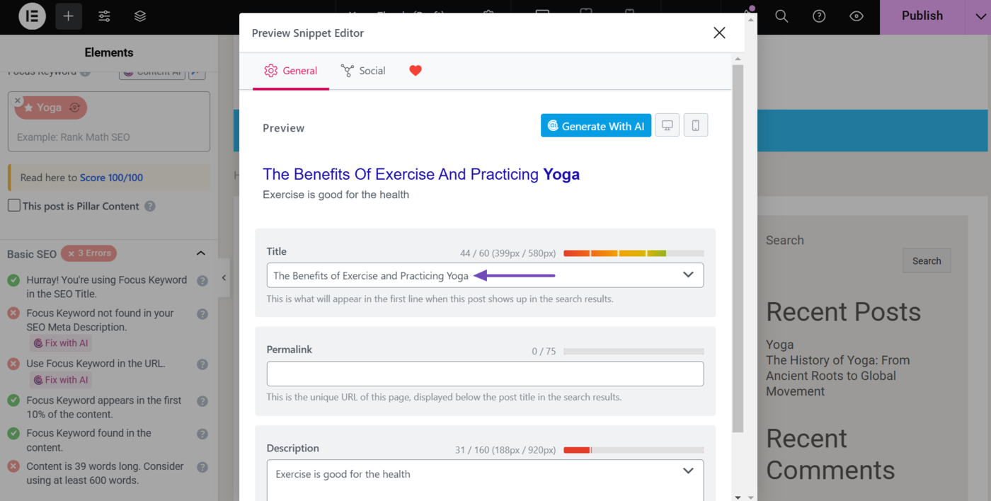 Sample of the SEO title added to the SEO title field 
