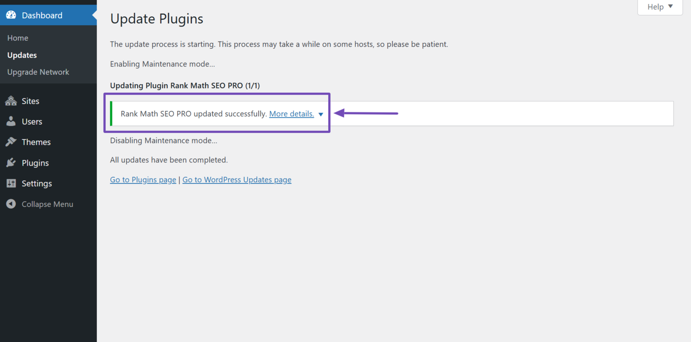 Sample of the success notification displayed when Rank Math PRO is updated
