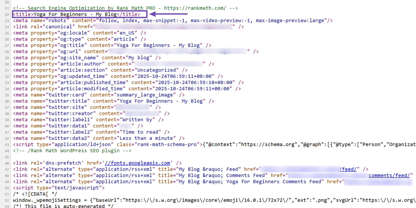 Sample of the title tag in a webpage’s code