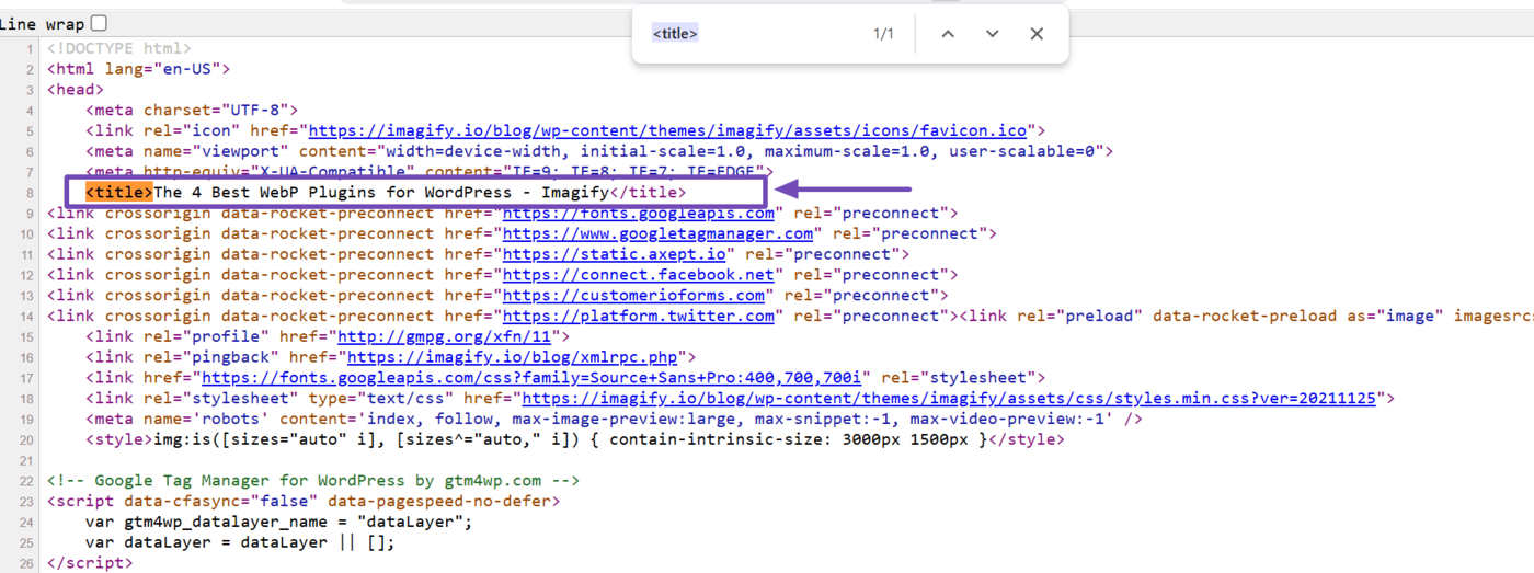 Sample of the title tag in the webpage’s source code