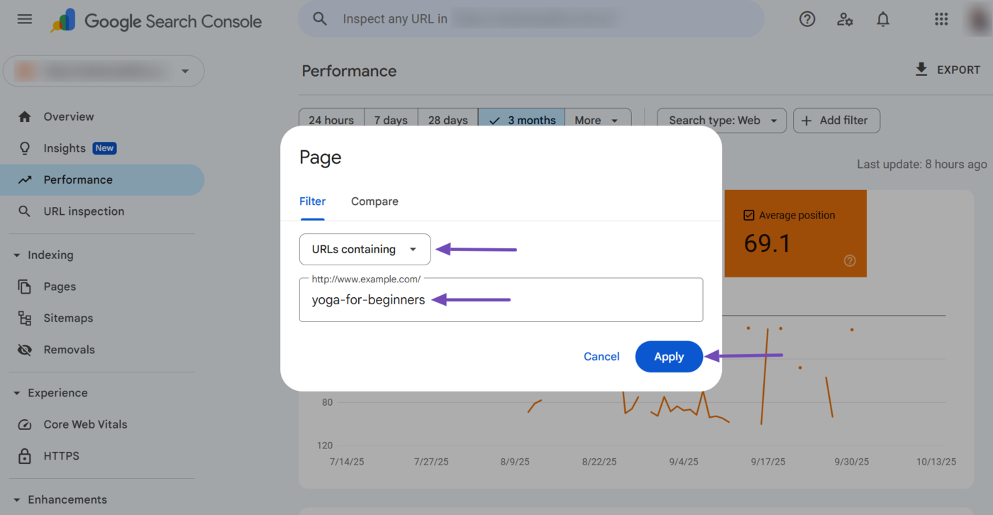 Secondary filters in the average position page filter in Google Search Console