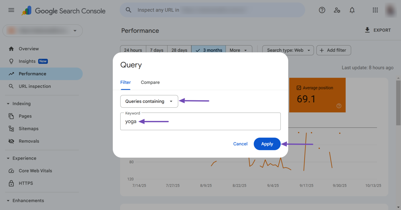 Secondary filters in the average position query filter in Google Search Console