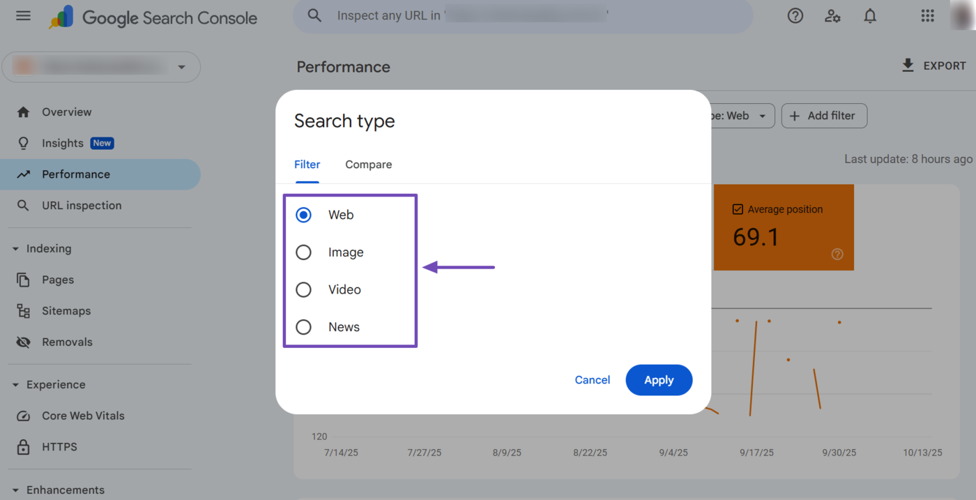 Secondary filters in the average position search type filter in Google Search Console