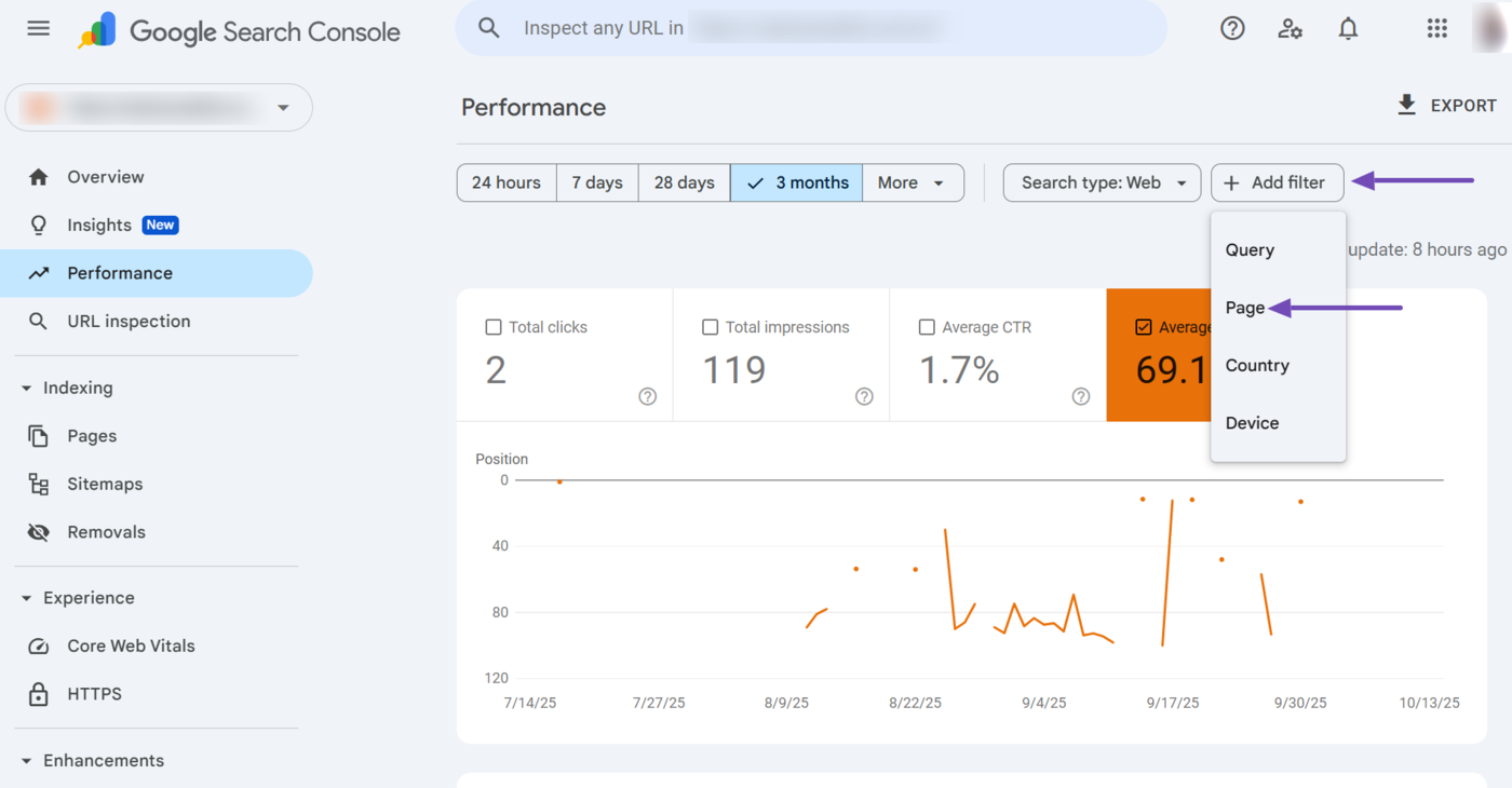 The average position page filter in Google Search Console