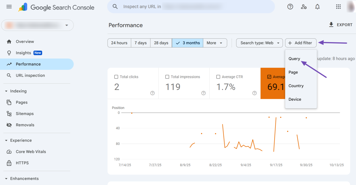 The average position query filter in Google Search Console