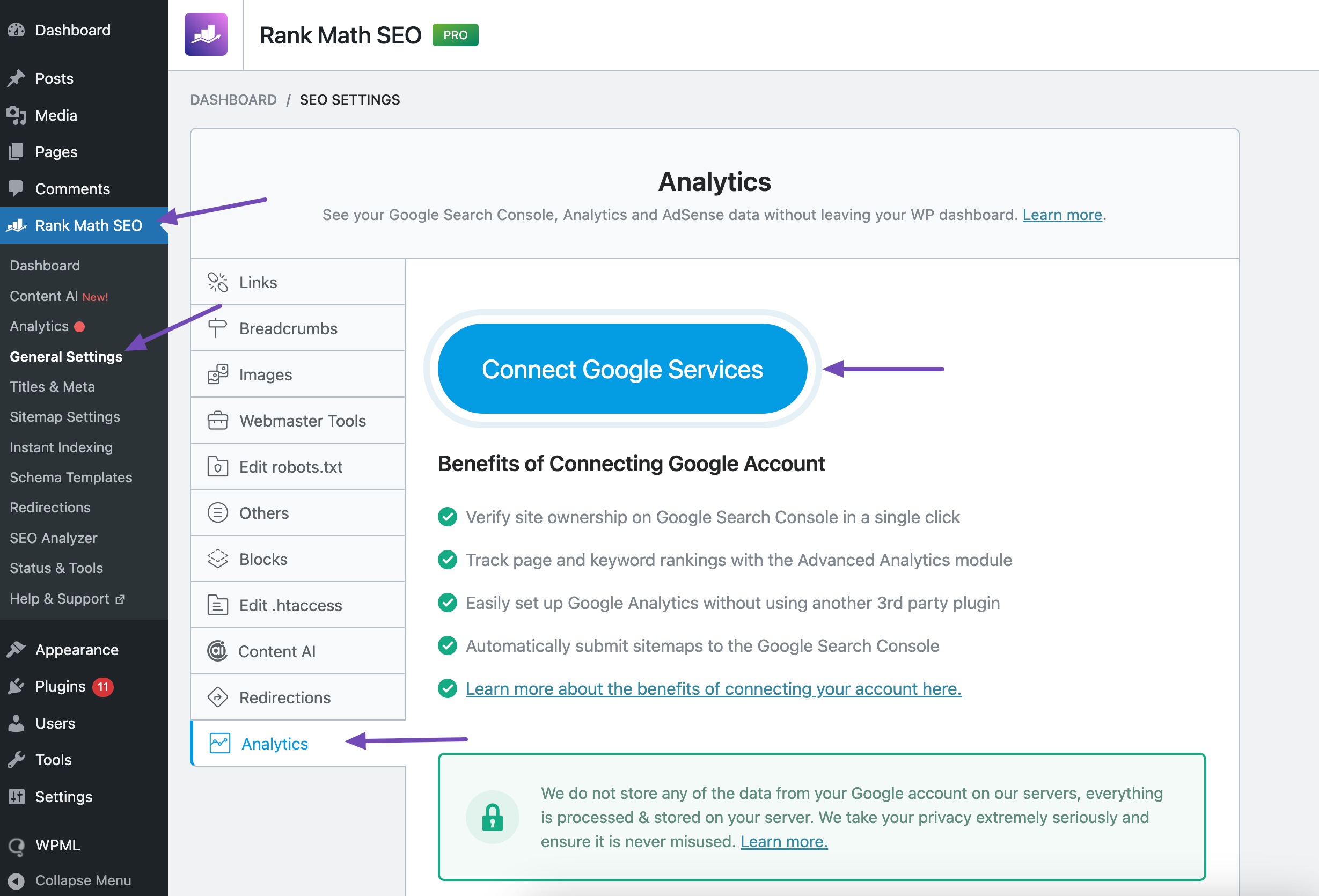 Connect Google account in Rank Math