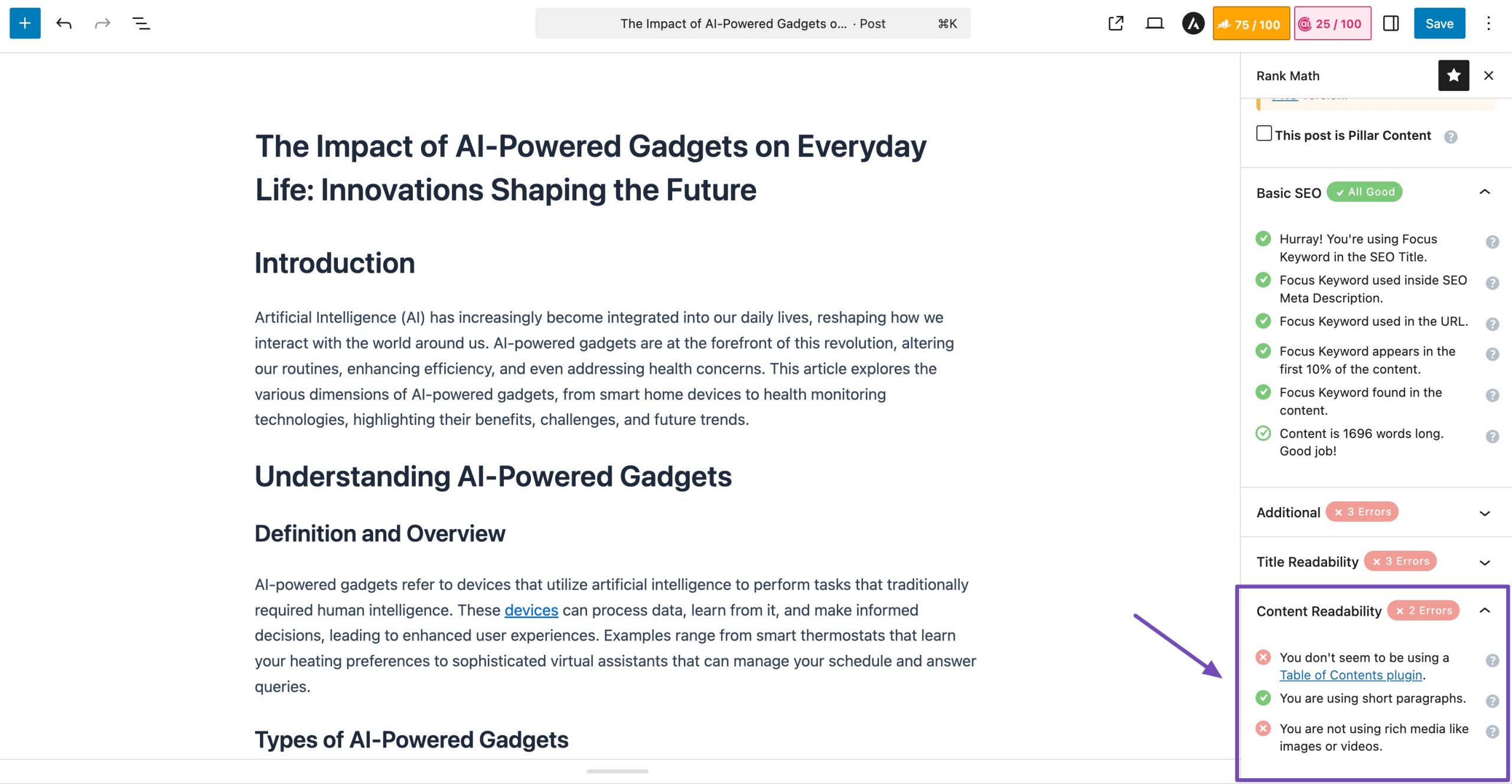 Content Readability tests in Rank Math