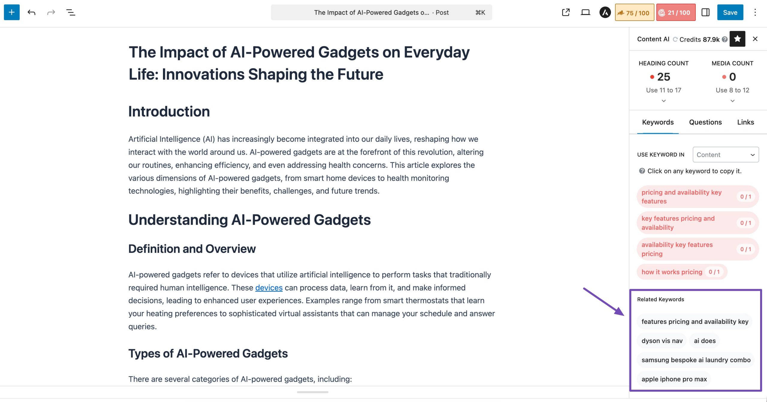 Related keyword suggestions in Rank Math
