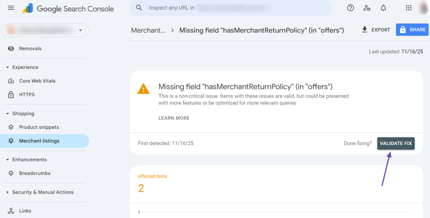 After fixing the issues, scroll to the top of the page and click Validate Fix