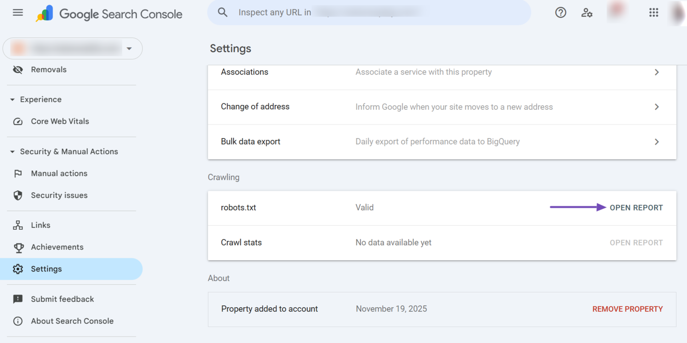Click Open report for insights into your robots.txt file