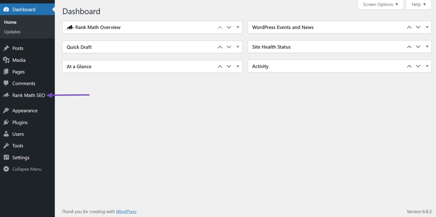 Click Rank Math SEO from your WordPress dashboard