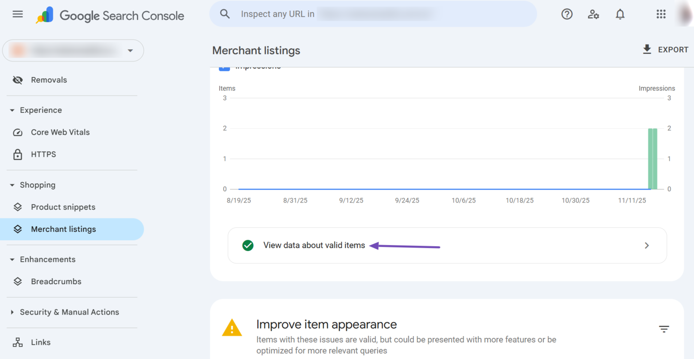 Click View data about valid items to view the details of your valid merchant listings