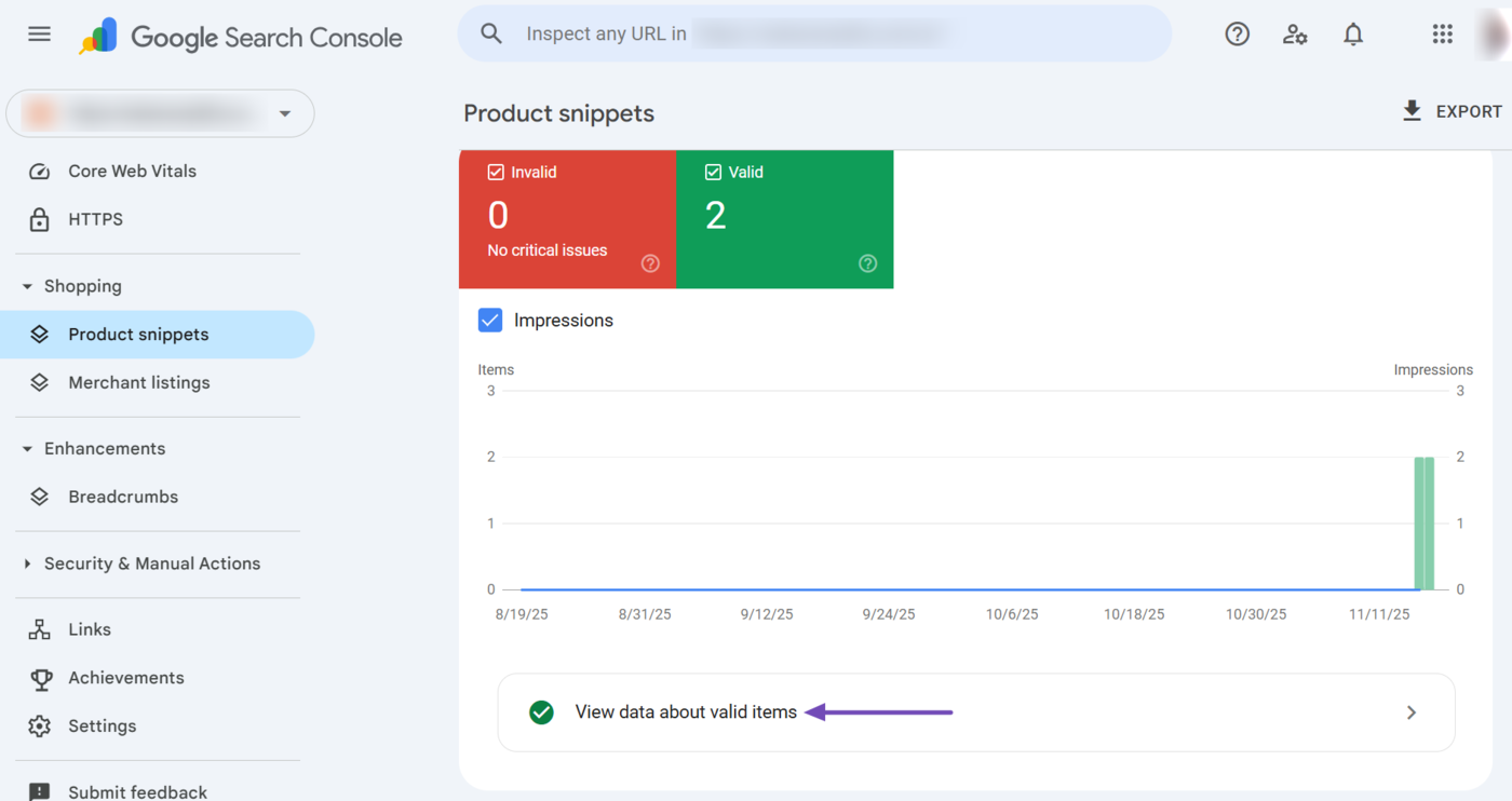 Click View data about valid items to view the details of your valid product snippets 