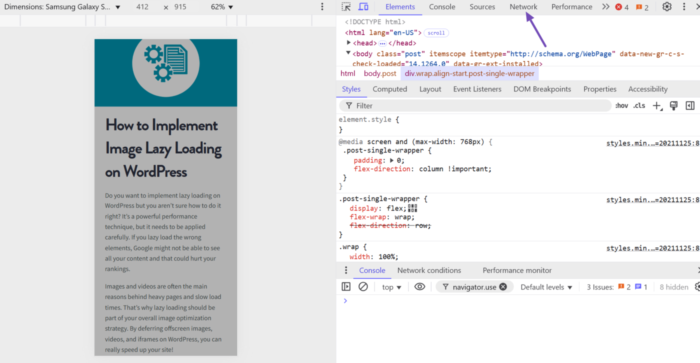 Click the Network tab
