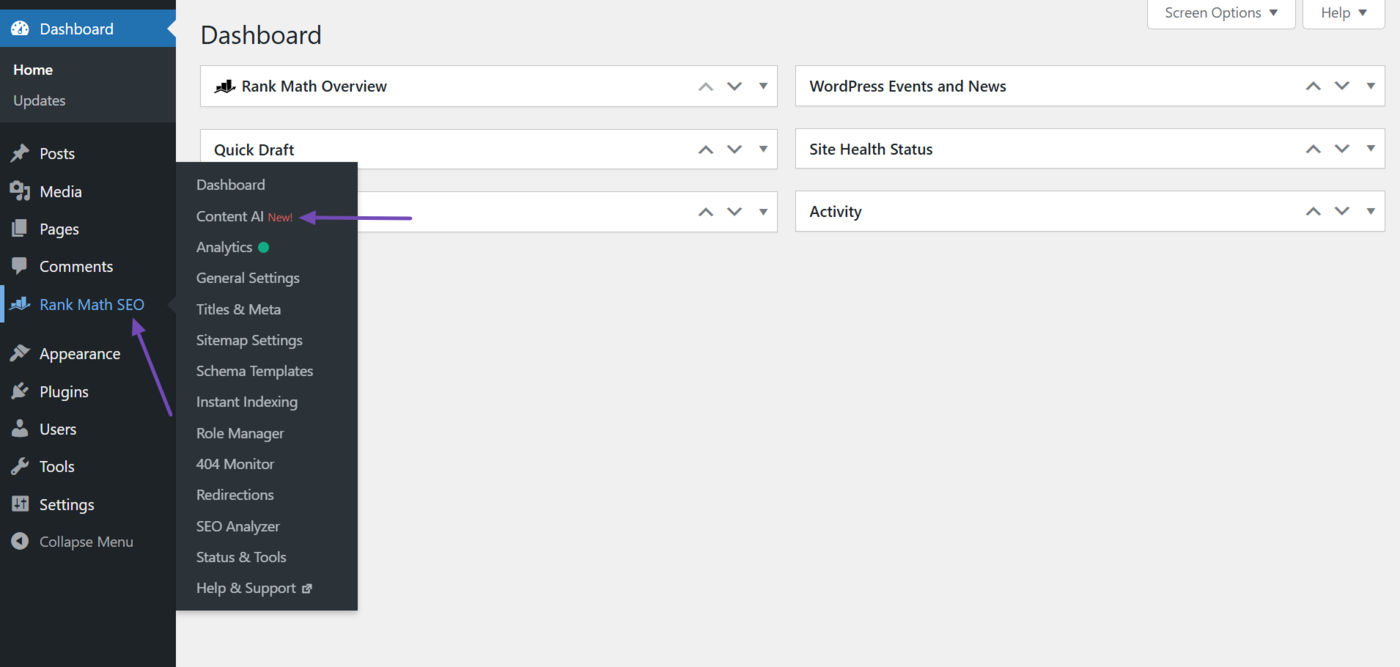 Head to Content AI from your WordPress dashboard