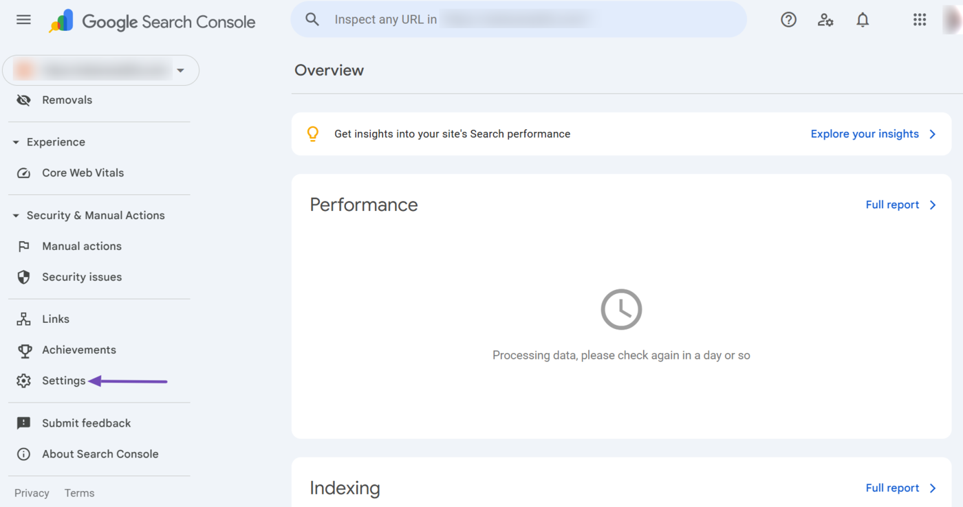 Log into Google Search Console and click Settings 