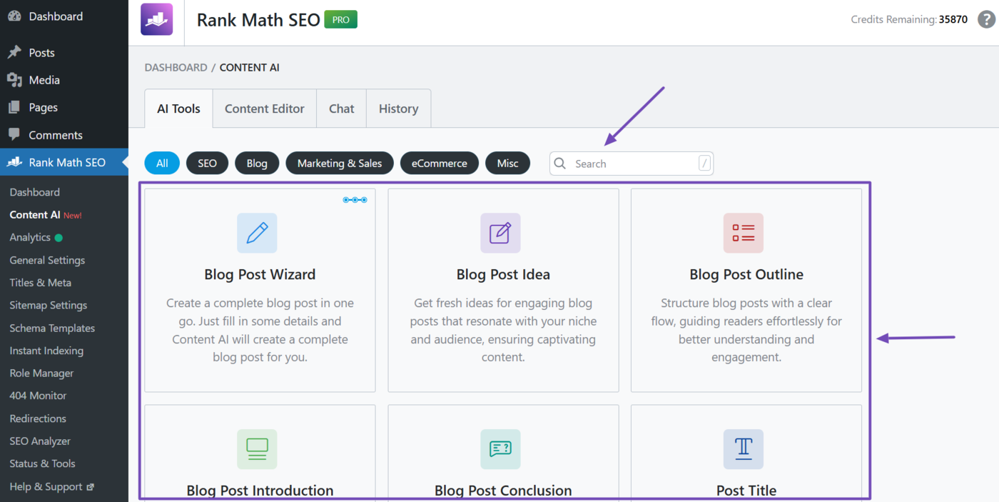 Overview of the 40+ AI tools available in Rank Math