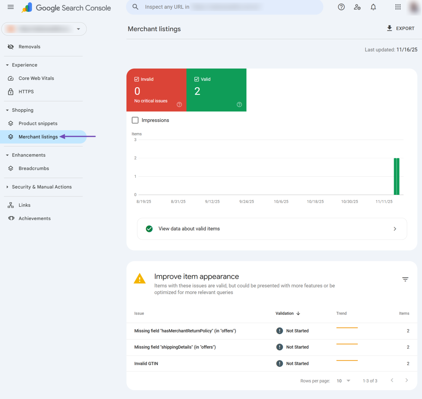 Overview of the merchant listings in Google Search Console