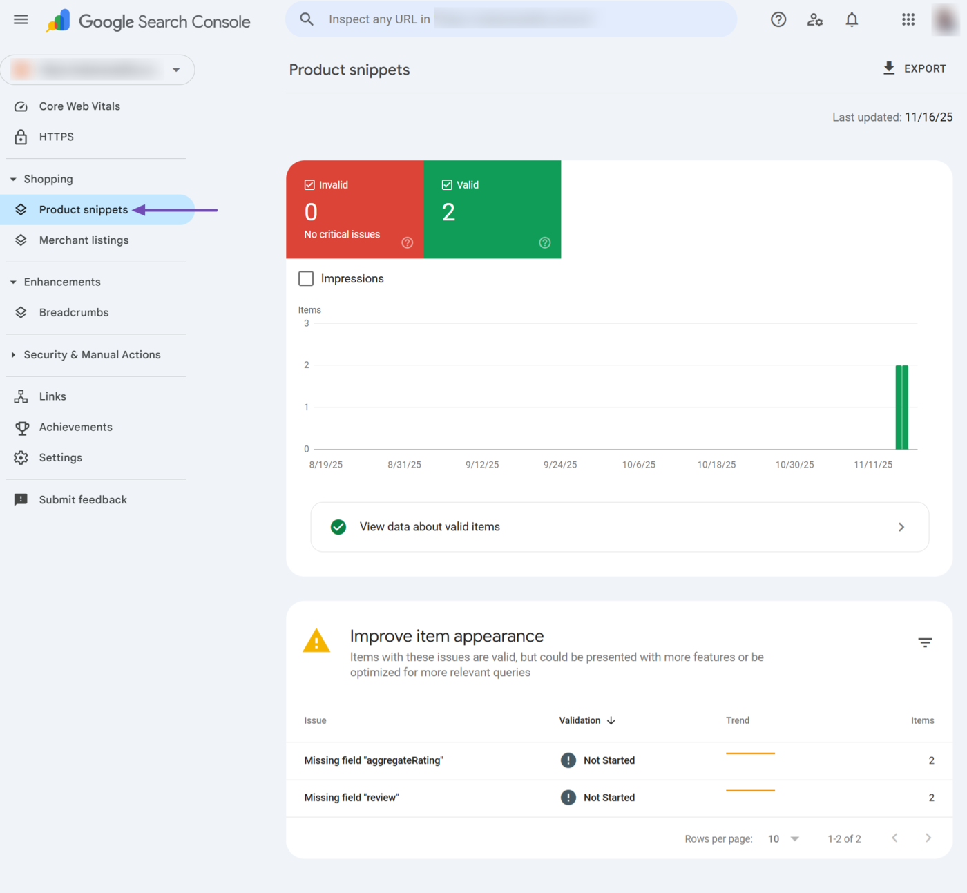 Overview of the product snippets in Google Search Console