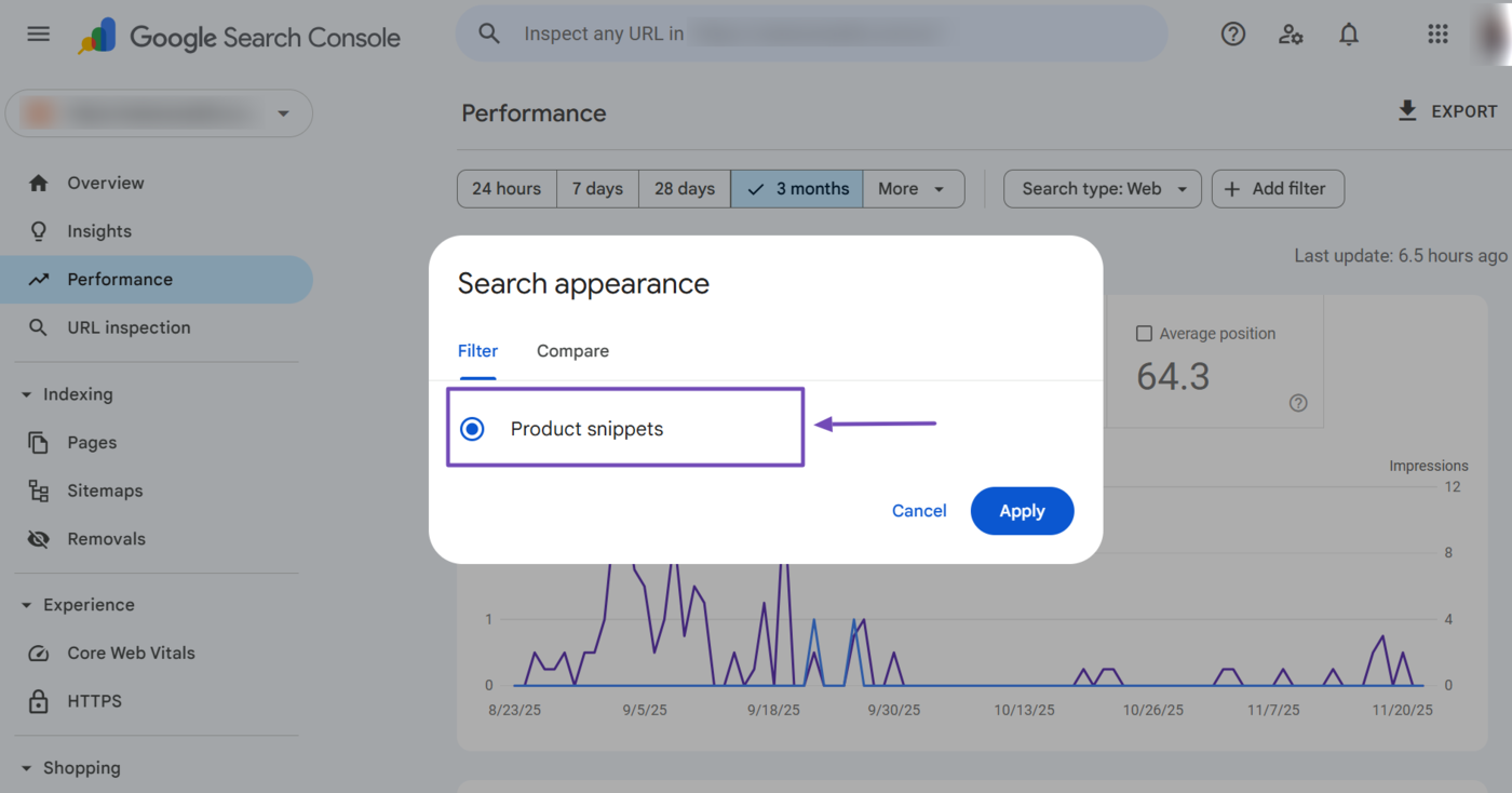 Overview of the search appearance filter in the Performance report