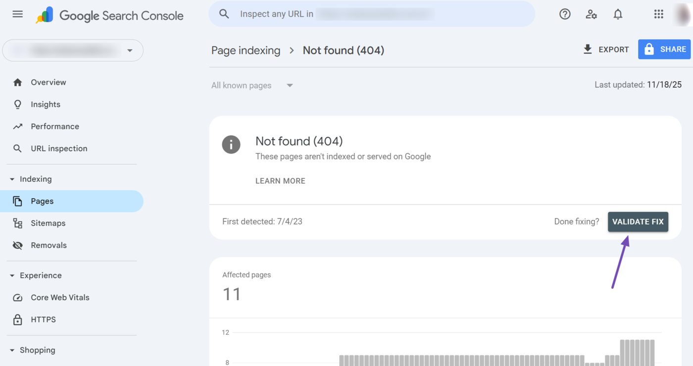 Resolve the indexing issues and click Validate Fix