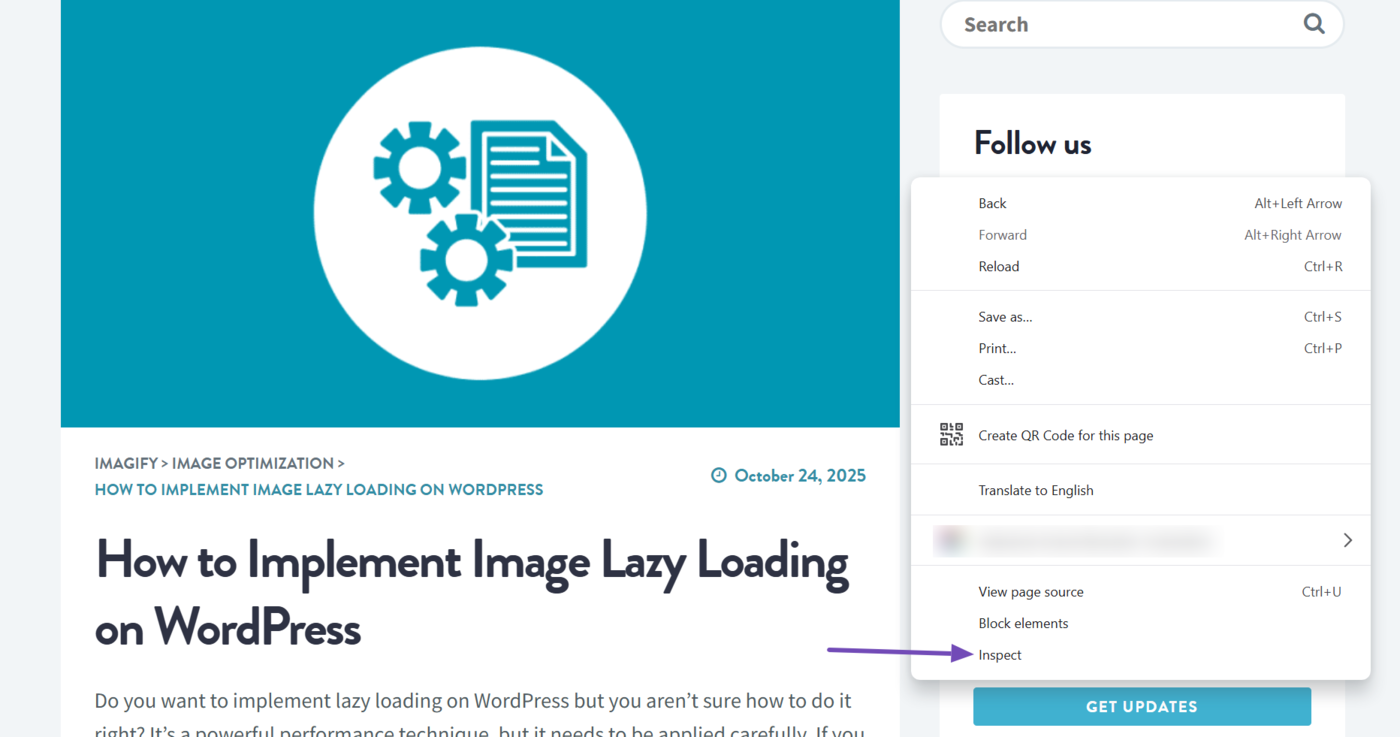 Right-click on the webpage and click Inspect