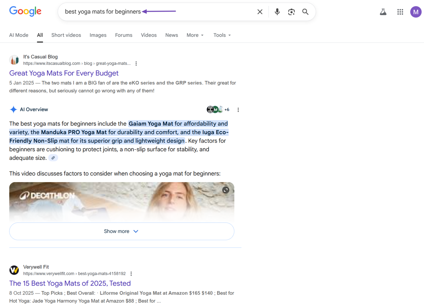 Sample of Google results page for a commercial query