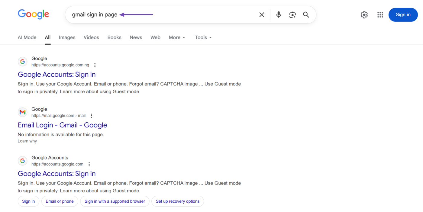 Sample of Google results page for a navigational query